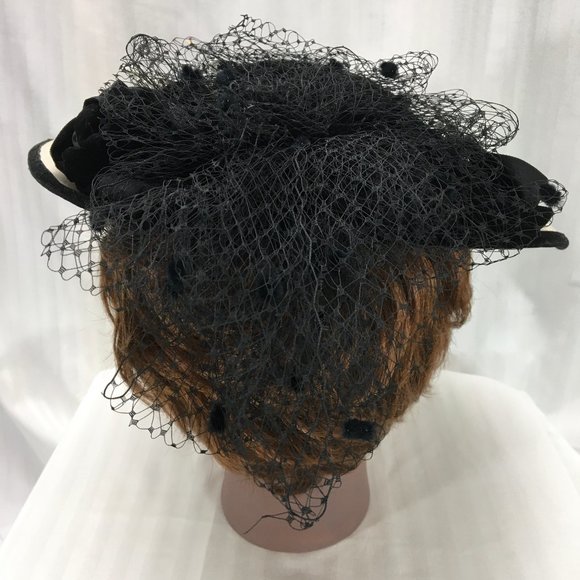 B & W Fascinator w/ Black Veil, Pearls, Rhinestone main image 4